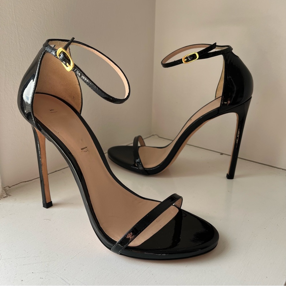 Stuart Weitzman Nudist Black Patent Leather Buckle High Heel Sandals Size 11.5